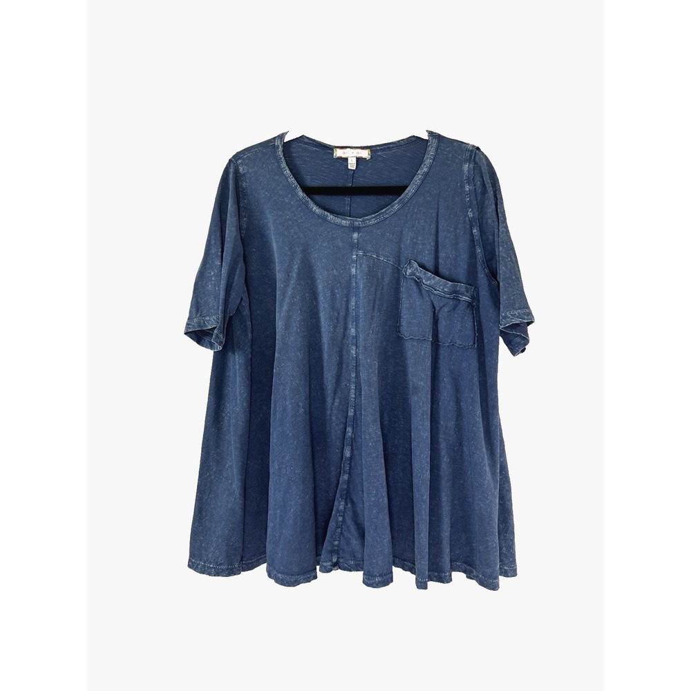 Boho Lagenlook Asymmetrical Top Large Pocket Cotton Short Sleeve Tee Comfort